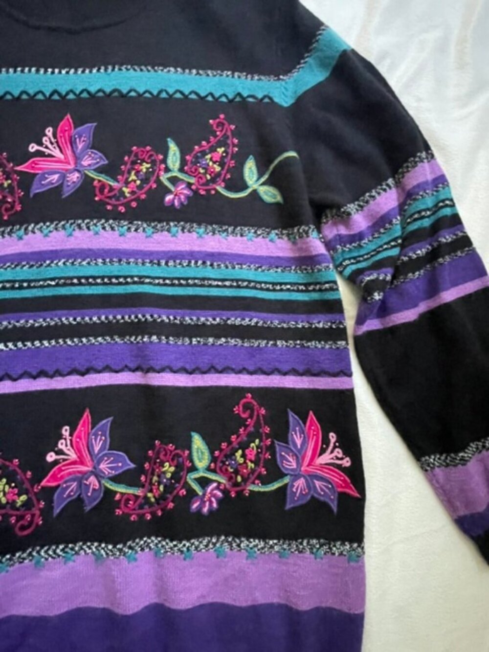 Alfred Dunner Womens Vintage Floral Embroidered Knit Sweater, Purple, Size L - Picture 4 of 12
